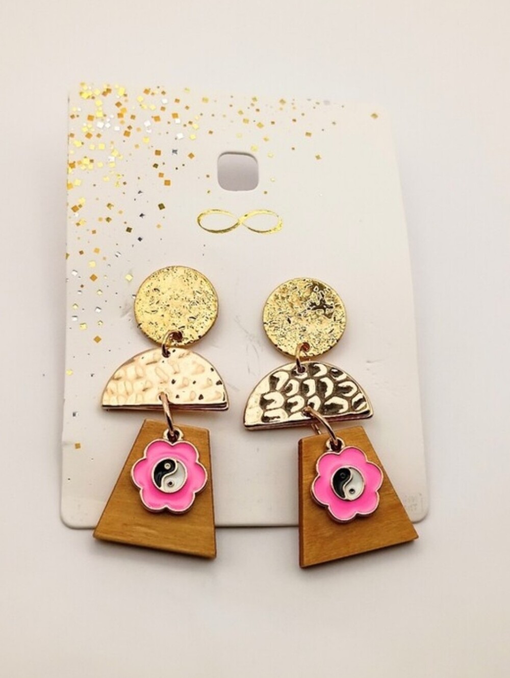 Gold & Pink Floral Yin Yang Drop Earrings